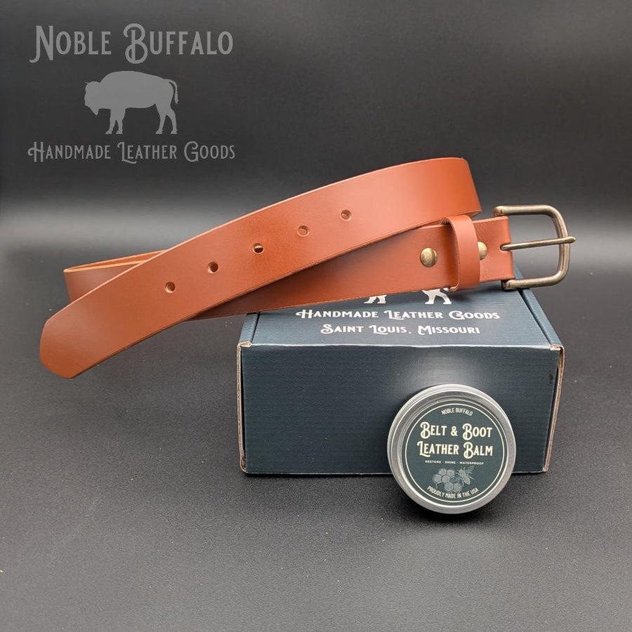 Men's Brown Full-Grain Leather  Belts shown with  Antique Brass Buckle