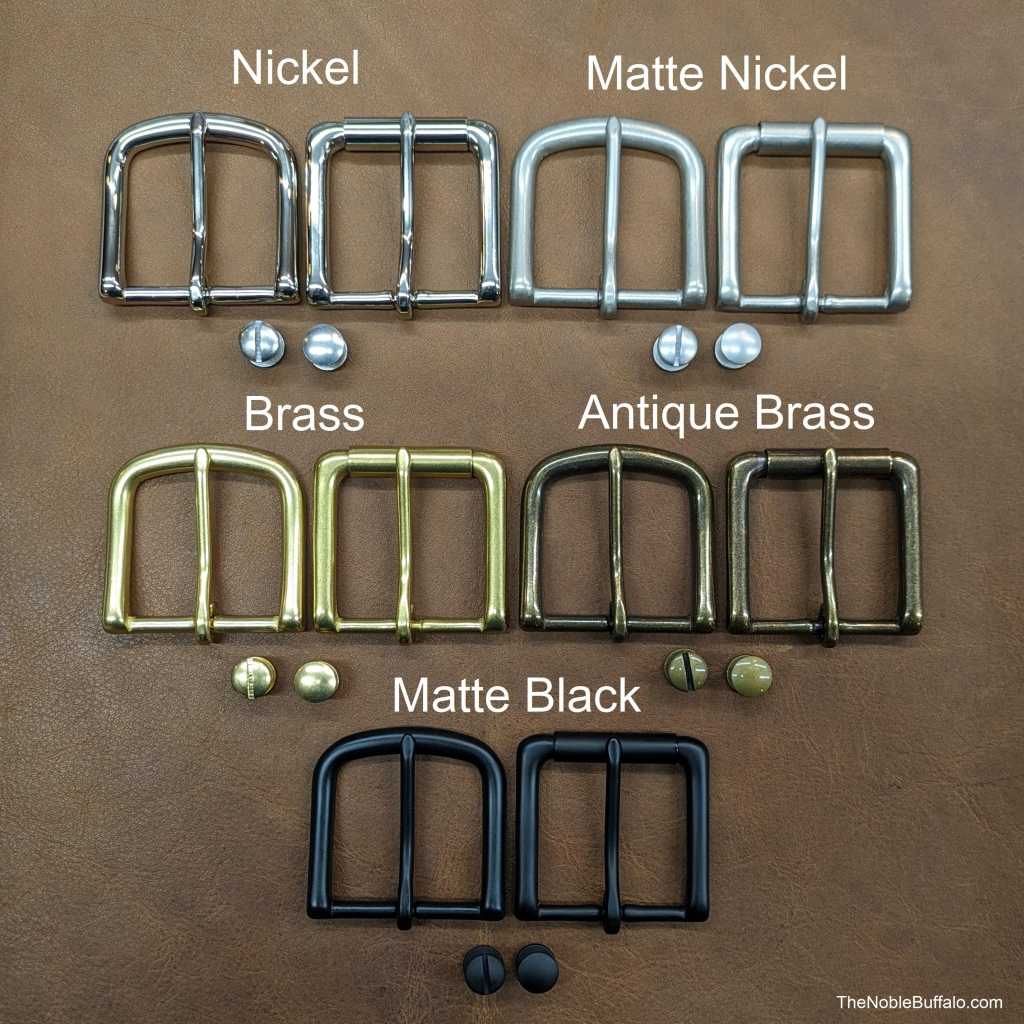 Noble Buffalo belt buckle hardware options in nickel, matte nickel, brass, antique brass, and matte black finishes, used on handmade belts in St. Louis, Missouri