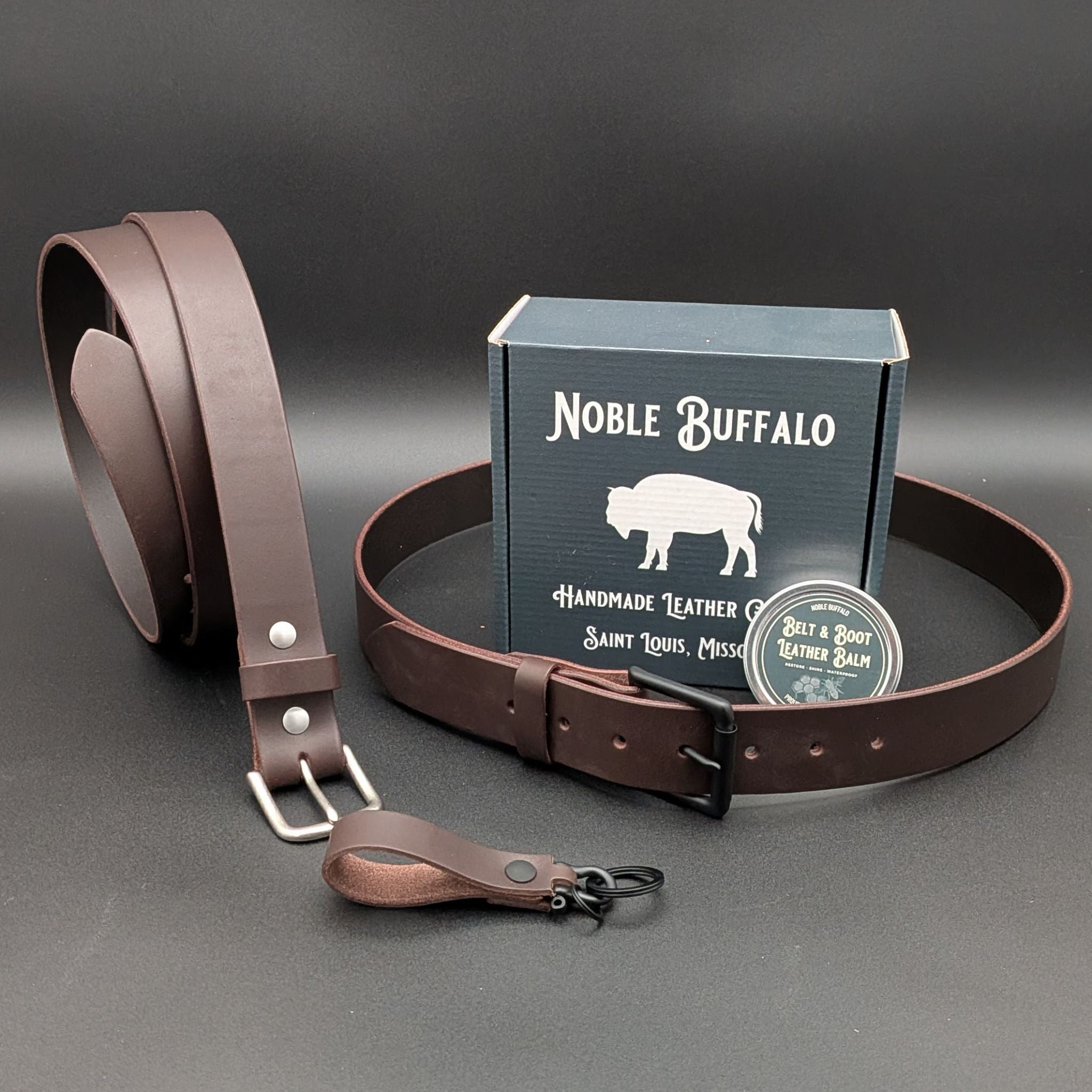 Smoked Walnut English bridle handmade leather belt set with matching keychain and leather balm, full grain American made leather belt