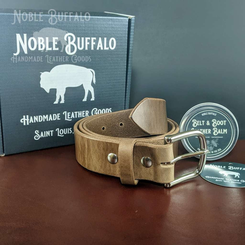 Handmade natural Horween Chromexcel leather belt with nickel buckle and riveted keeper, crafted by Noble Buffalo in St. Louis, Missouri