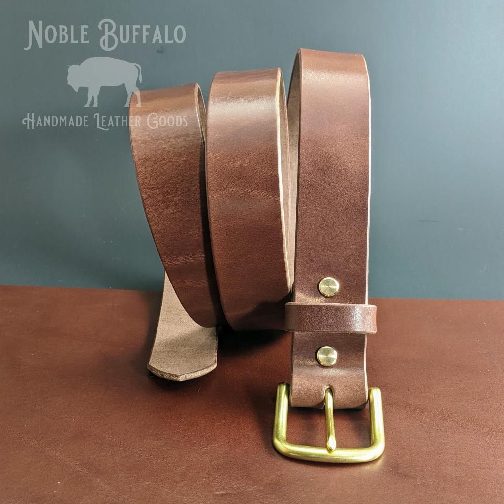 Handmade brown Wickett & Craig glazed harness leather dress belt with polished nickel buckle, crafted by Noble Buffalo in St. Louis, Missouri