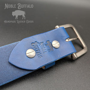 Bright bluebonnet blue leather belt handmade from full grain leather. Vibrant true blue and sky blue statement belt for men or women. Handmade leather belt USA.