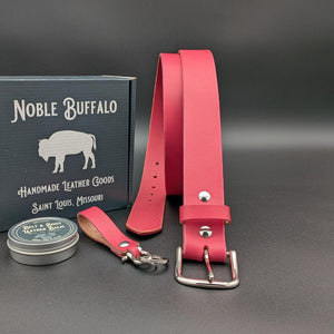 Cactus Flower pink full grain leather belt handmade in the USA by Noble Buffalo. Bright pink leather belt in cactus flower and vibrant rose pink tones. Unisex colorful statement leather belt.