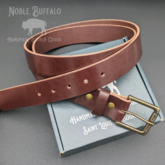Men’s Everyday Casual Leather Belt in dark brown thick leather with antique brass buckle, handmade by Noble Buffalo in St. Louis, Missouri
