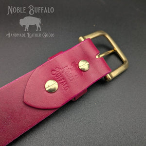 Deep amaranth purple leather belt handmade from full grain leather. Vibrant eggplant purple and violet statement belt for men or women. Handmade leather belt USA.