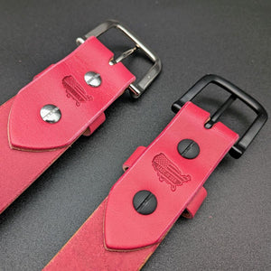 Cactus flower pink leather belt handmade from full grain leather. Vibrant hot pink and magenta statement belt for men or women. Handmade leather belt USA.