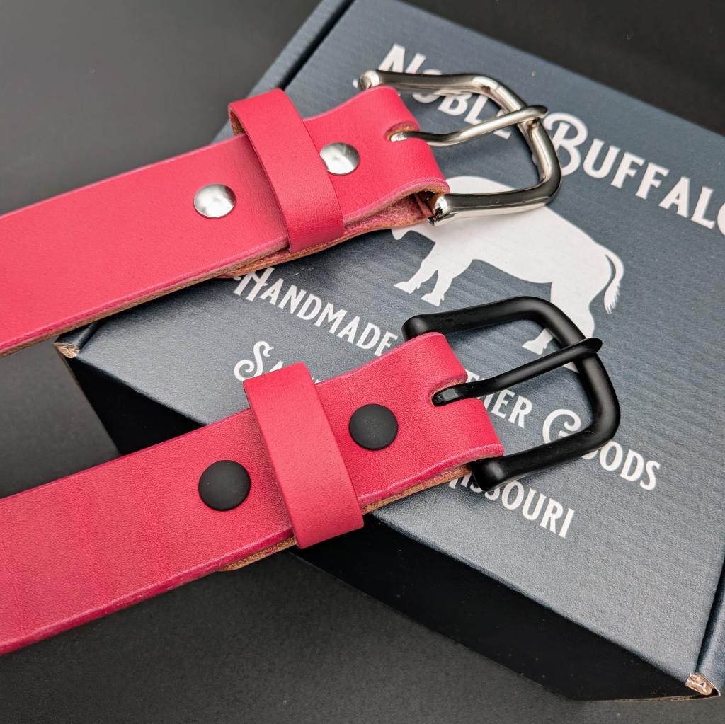 Handmade cactus flower pink leather belt by Noble Buffalo. Bold pink full grain leather belt with bright rose and magenta tones. Colorful unisex leather belt accessory.