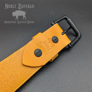 Bright goldenrod yellow leather belt handmade from full grain leather. Colorful mustard yellow and sunflower yellow statement belt for men or women. Handmade leather belt made in USA.