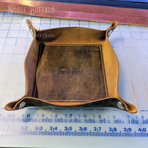 brown leather valet tray, usa handmade catch-all bin for junk drawers, kitchen drawers, office, workshop