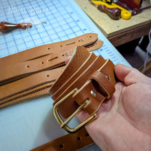 Handmade brown latigo leather belt with soft milled texture and brass buckle, made in USA by Noble Buffalo

