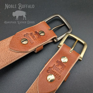 Handmade brown leather belt with deerhide texture, soft steerhide feel and brass hardware, crafted in St. Louis Missouri
