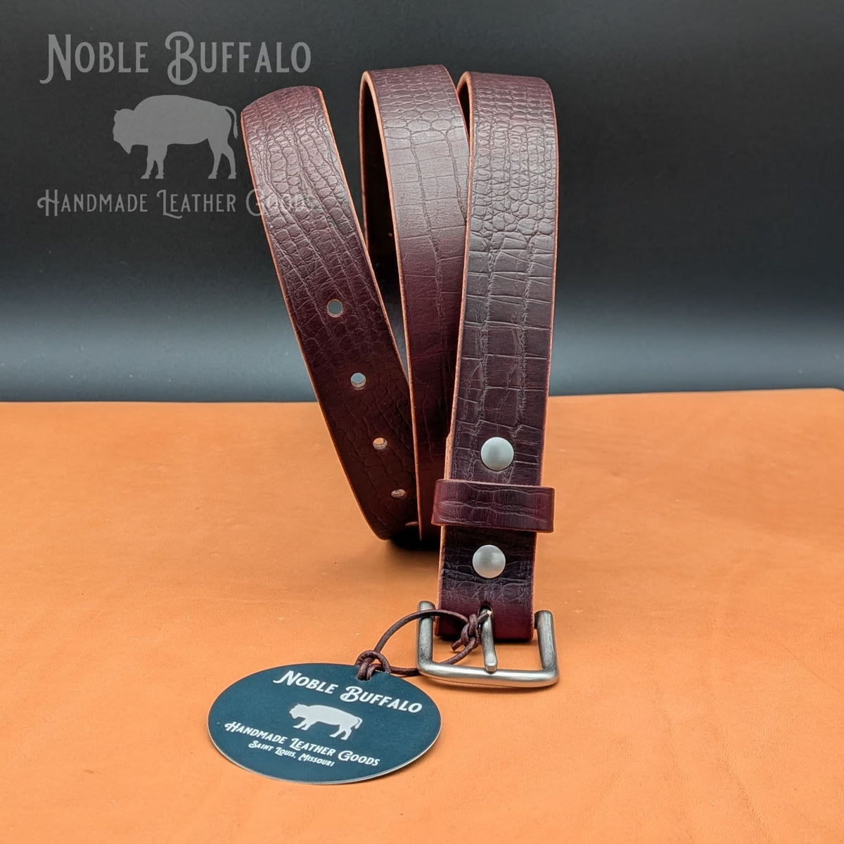 Dark Cherry alligator-embossed Hermann Oak leather belt handmade by Noble Buffalo