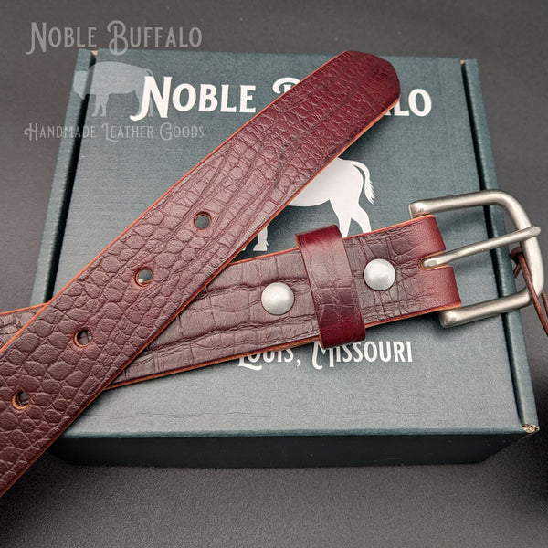 Dark Cherry Alligator Embossed Leather Belt - Hermann Oak Latigo
