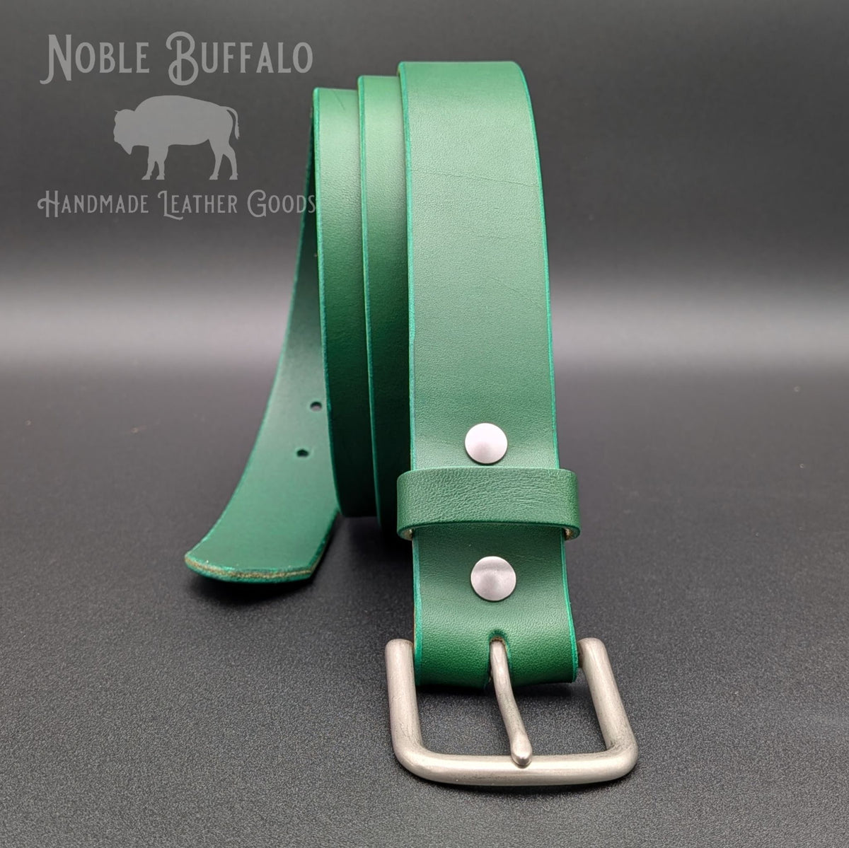 Handmade emerald green full grain leather belt with matte nickel buckle, made in USA by Noble Buffalo

