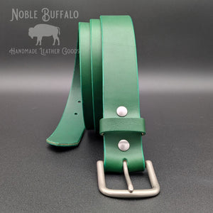 Handmade emerald green full grain leather belt with matte nickel buckle, made in USA by Noble Buffalo

