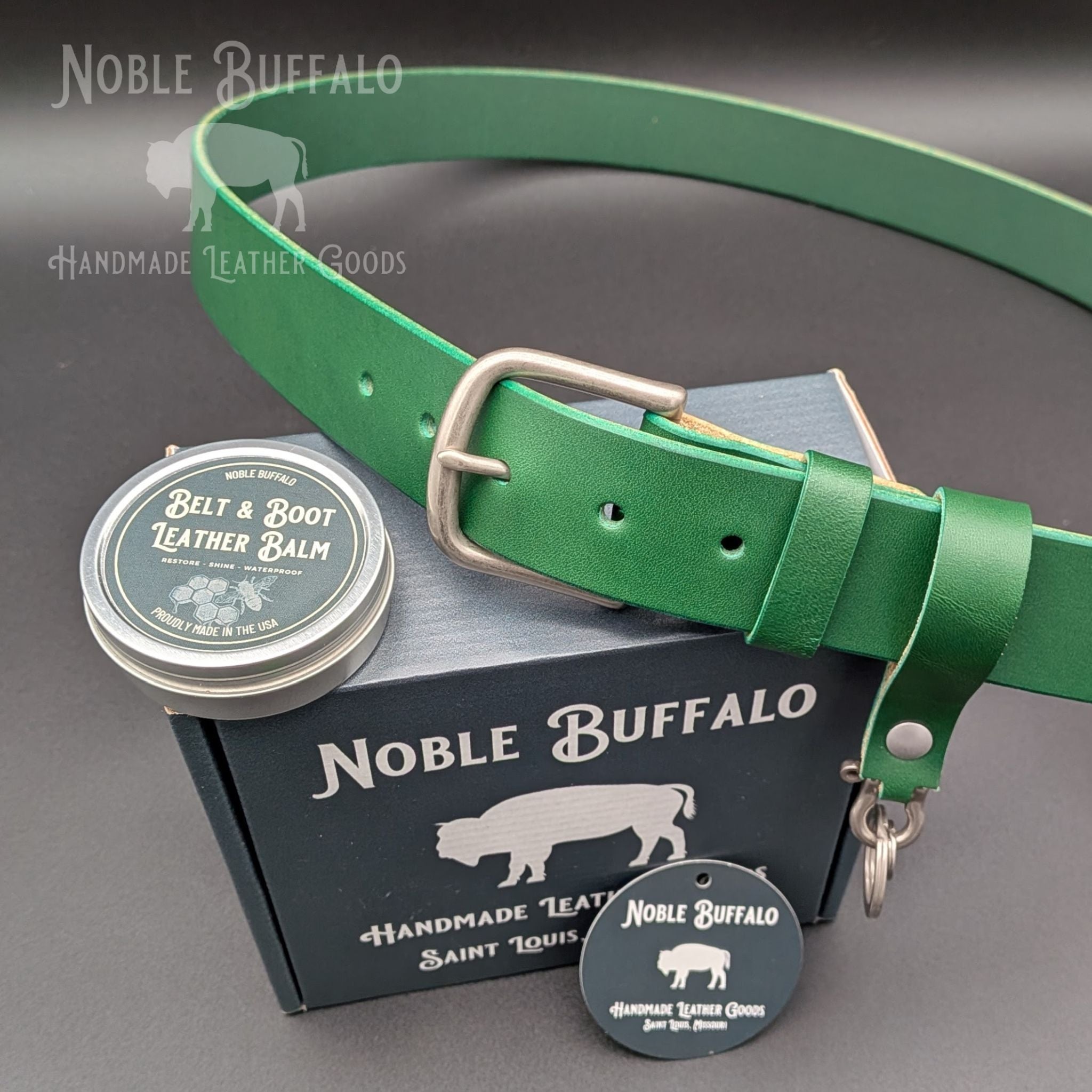 Emerald green full grain leather belt with matte nickel buckle and thick strap, handmade in USA by Noble Buffalo
