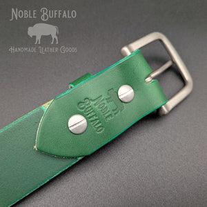 Noble Buffalo emerald green full grain leather belt with matte nickel buckle and stamped logo, made in USA
