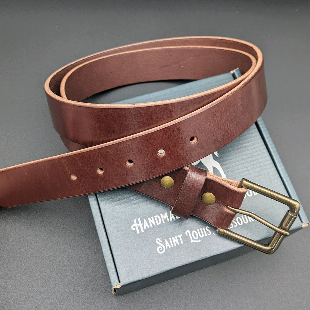 Men’s Everyday Casual Leather Belt in dark brown thick leather with antique brass buckle, handmade by Noble Buffalo in St. Louis, Missouri