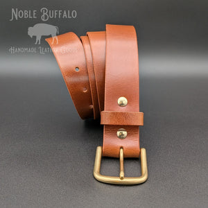 Handmade Heritage Honey soft buffalo leather belt with solid brass buckle and keeper loop, crafted by Noble Buffalo in St. Louis, Missouri
