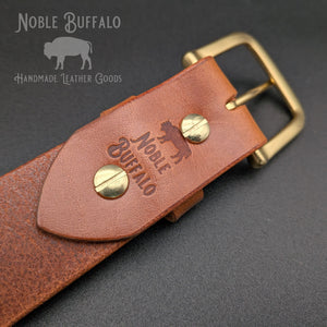 Heritage Honey handmade leather belt in soft buffalo leather with brass hardware and rivets, made in USA by Noble Buffalo
