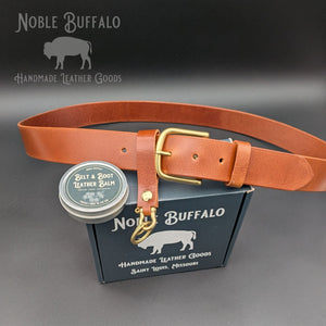 Soft buffalo leather belt in Heritage Honey with brass buckle and smooth finish, handcrafted by Noble Buffalo in St. Louis, Missouri
