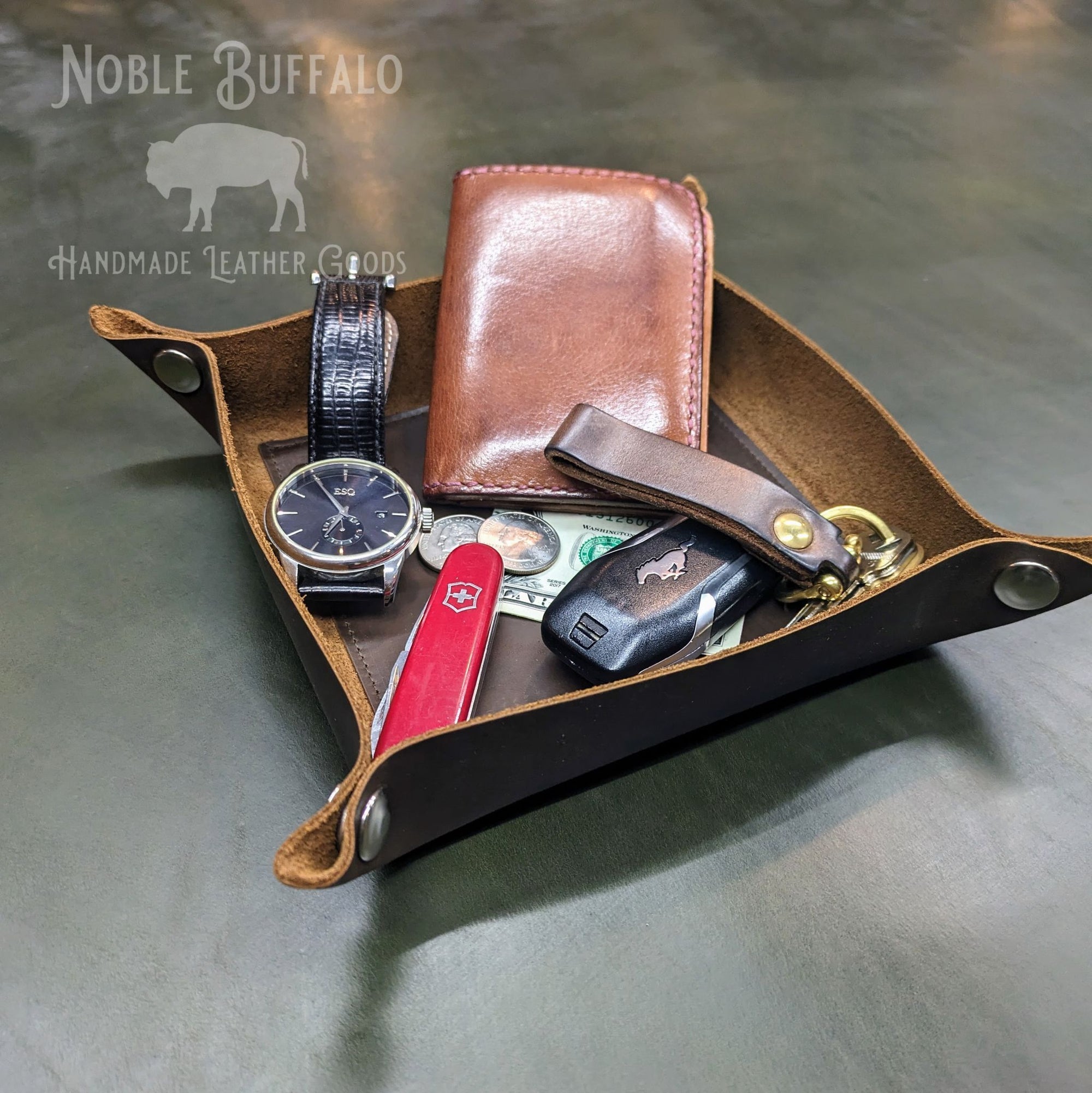 brown leather valet tray, usa handmade catch-all bin for junk drawers, kitchen drawers, office, workshop. Great entryway basket, tray for keys, key tray, coin tray