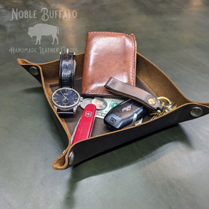 brown leather valet tray, usa handmade catch-all bin for junk drawers, kitchen drawers, office, workshop. Great entryway basket, tray for keys, key tray, coin tray