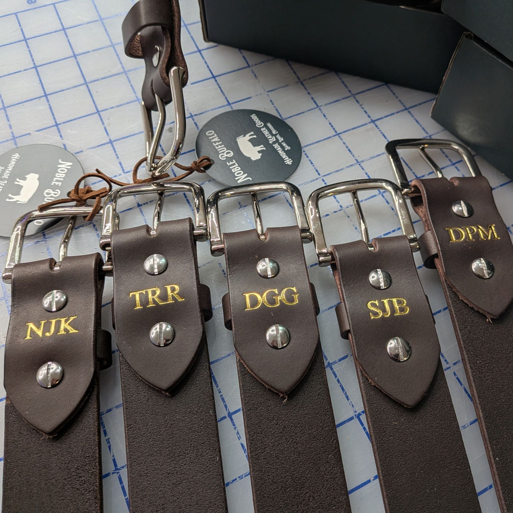 Personalized belt monogramming, foil initials and name stamped on custom leather belt