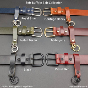 Soft Buffalo Leather Belt Collection, blue, honey, green, mahogany, black, and red. Belts with matching belt loop keychain