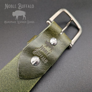 Soft buffalo leather belt in Noble Green with silver hardware and smooth finish, handcrafted by Noble Buffalo in St. Louis, Missouri

