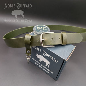 Noble Green handmade leather belt in soft buffalo leather with polished silver buckle and rivets, made in USA by Noble Buffalo
