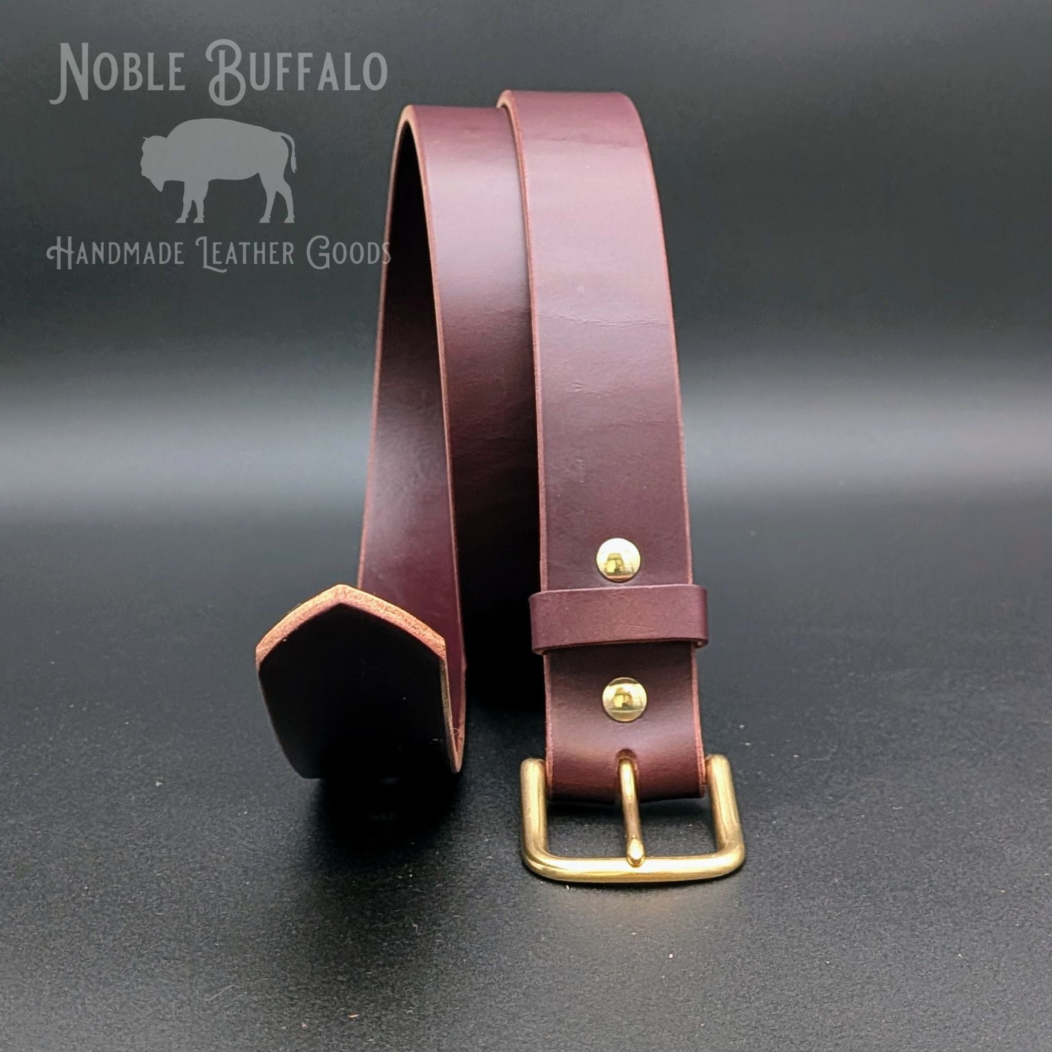 Dark brown English bridle handmade leather belt with brass buckle and burnished edges, American made full grain leather belt
